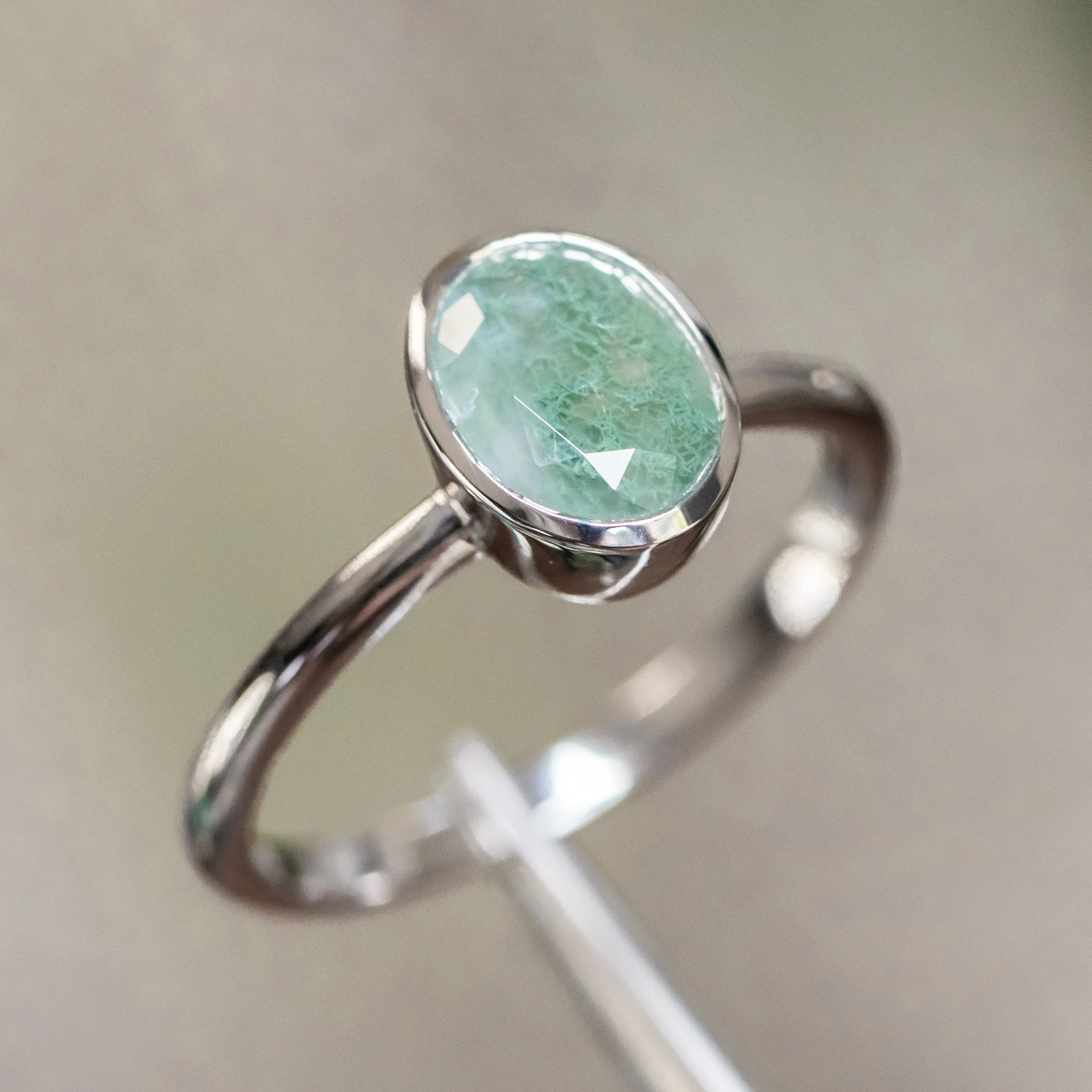 Oval Moss Agate Bezel Rings in 14K Yellow & White Gold