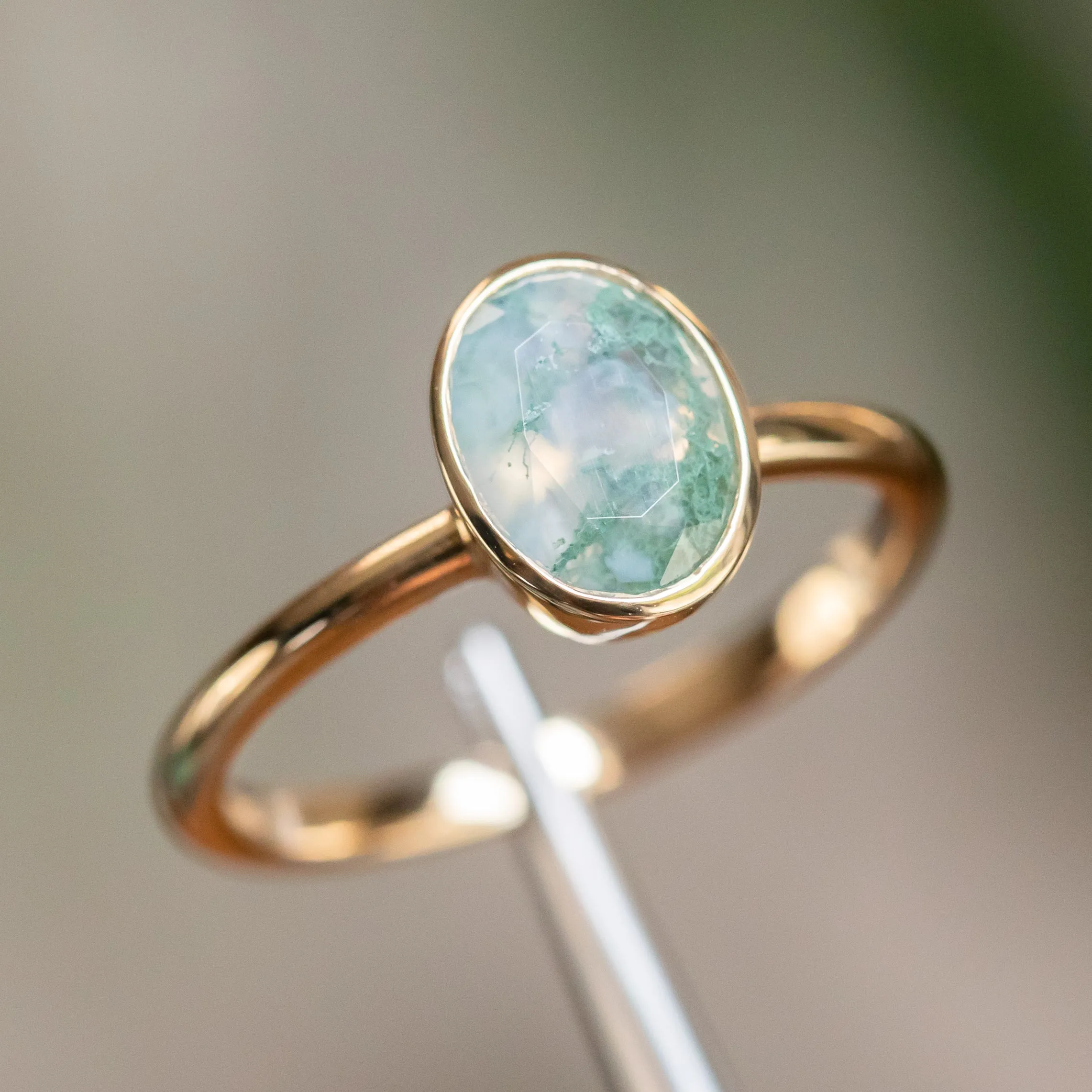 Oval Moss Agate Bezel Rings in 14K Yellow & White Gold