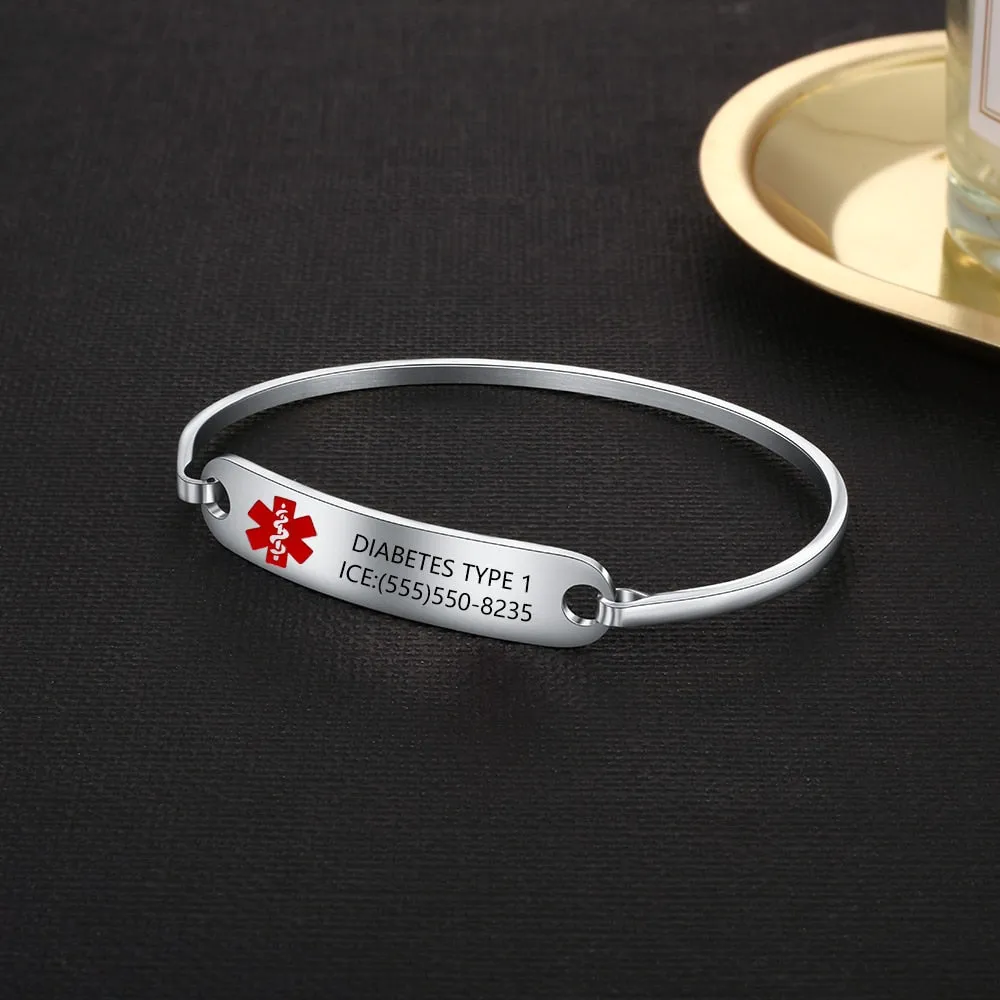 Personalized Name Medical Alert ID Bracelets for Women 2 Color Stainless Steel Engrave Emergency Bangles