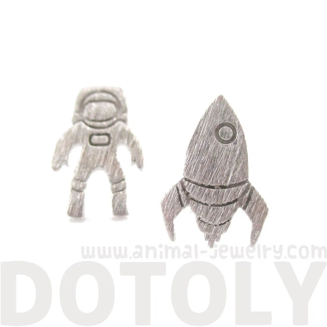 Spaceship and Astronaut Space Travel Themed Stud Earrings in Silver | DOTOLY